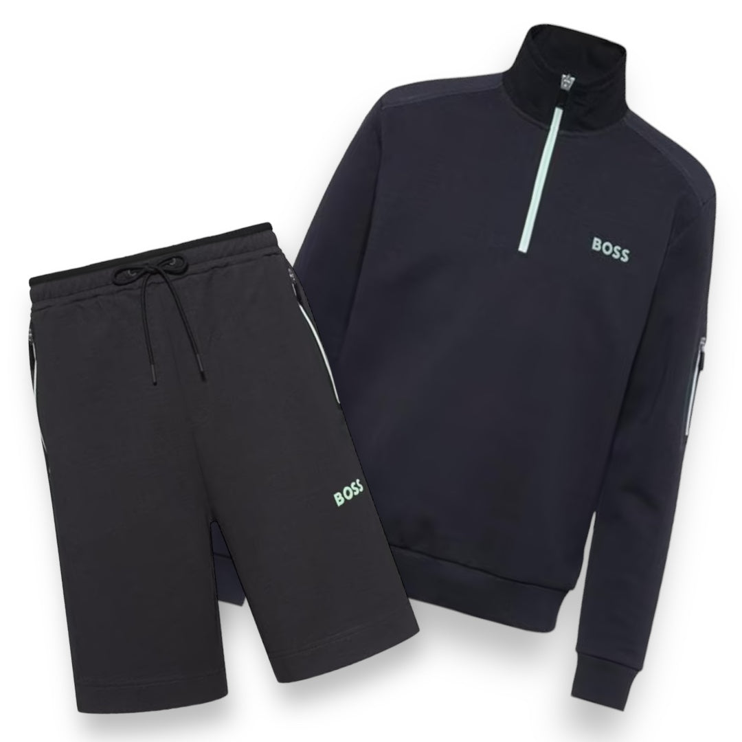 HUGO BOSS TECH 1/4 SWEATSHIRT & TECH JERSEY SHORTS SET CHARCOAL GREY