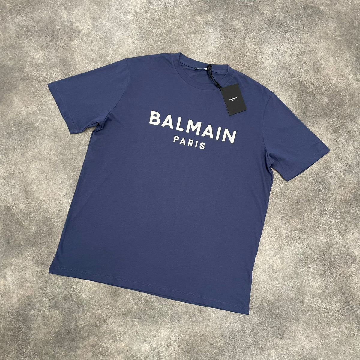 BALMAIN PARIS FELT TEXT T-SHIRT NAVY BLUE