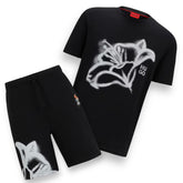 HUGO BOSS HUGO GRAFFITI FLOWER T-SHIRT & JERSEY SHORTS SETS BLACK / WHITE