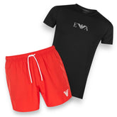 ARMANI T-SHIRT & SWIM SHORTS SET BLACK & RED