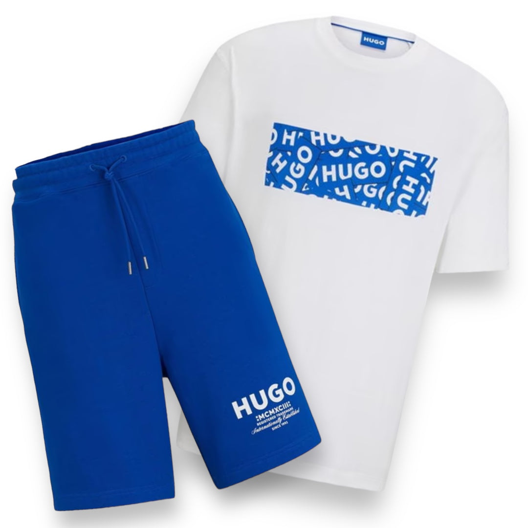 HUGO BOSS HUGO MULTI LOGO T-SHIRT & JERSEY SHORTS SET WHITE & ROYAL BLUE