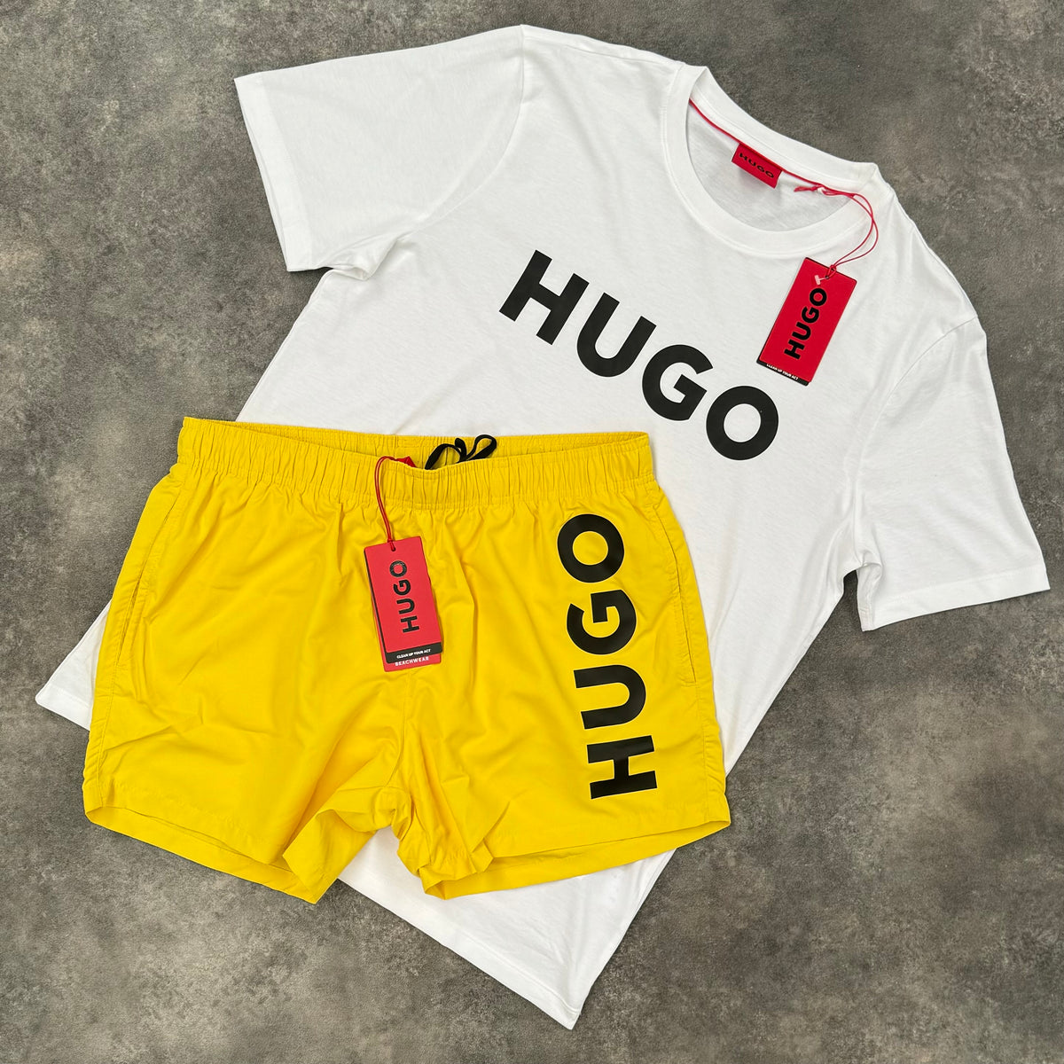 HUGO BOSS HUGO BIG LOGO T-SHIRT & SWIM SHORTS SET WHITE & YELLOW
