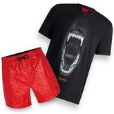 HUGO BOSS HUGO TEETH T-SHIRT & SWIM SHORTS SET BLACK &  RED ALL OVER LOGO