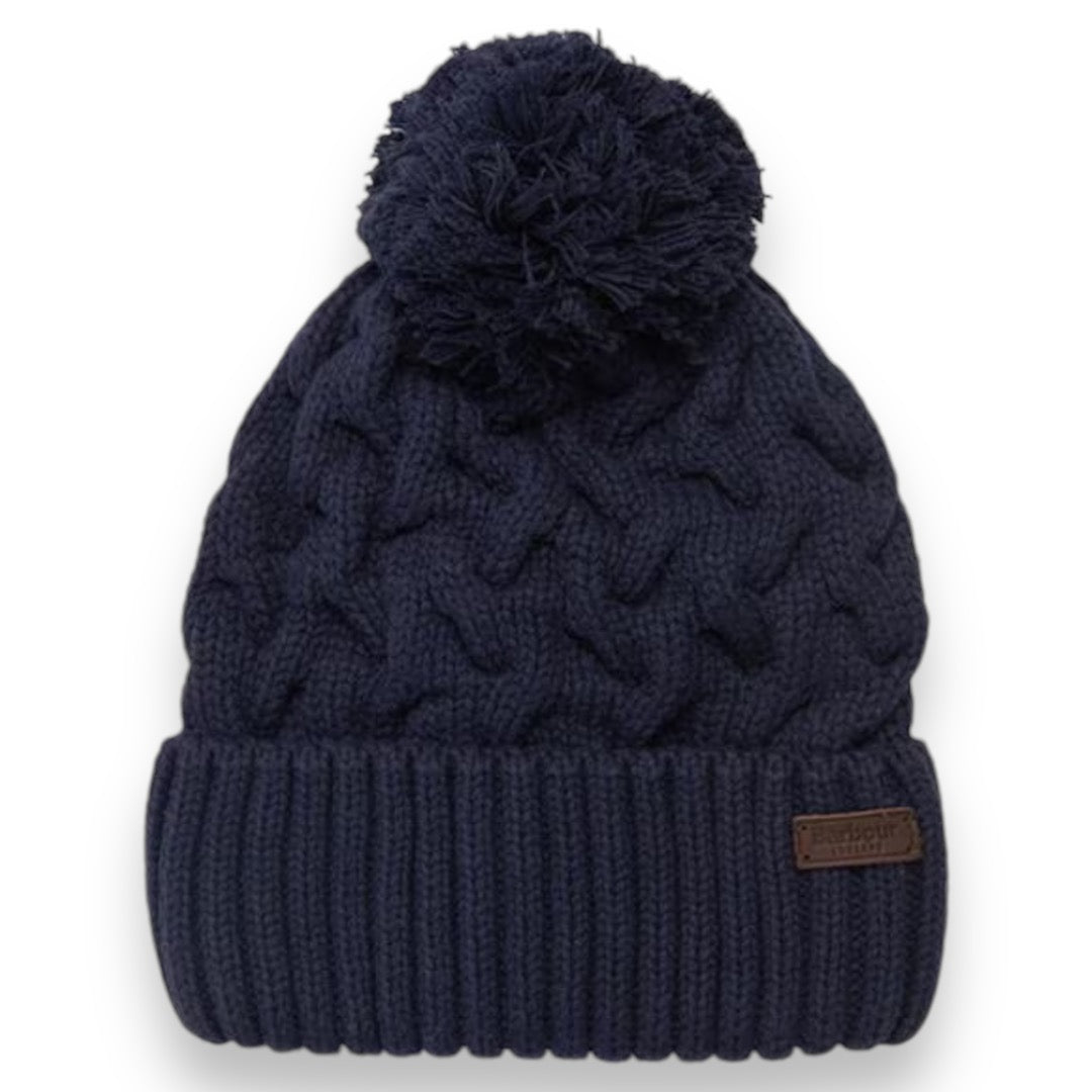 BARBOUR CABLE BOBBLE BEANIE HAT NAVY BLUE