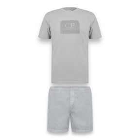 CP COMPANY LARGE PATCH LOGO T-SHIRT & PATCH SWIM SHORTS SET GREY