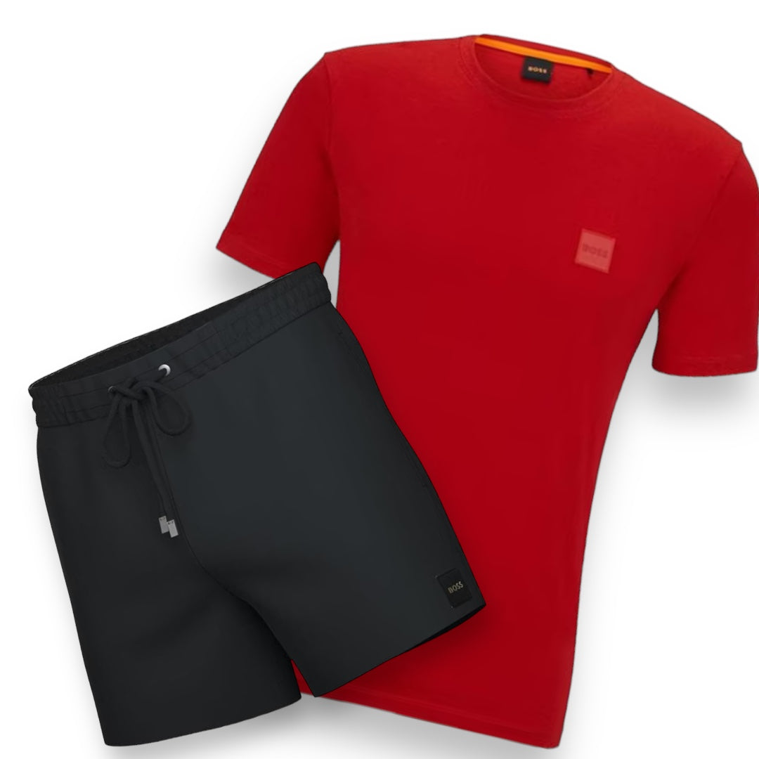 HUGO BOSS PATCH LOGO T-SHIRT & SWIM SHORTS SET RED & BLACK
