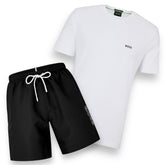 HUGO BOSS SMALL LOGO T-SHIRT & SIDE SWIM SHORTS SET WHITE / BLACK