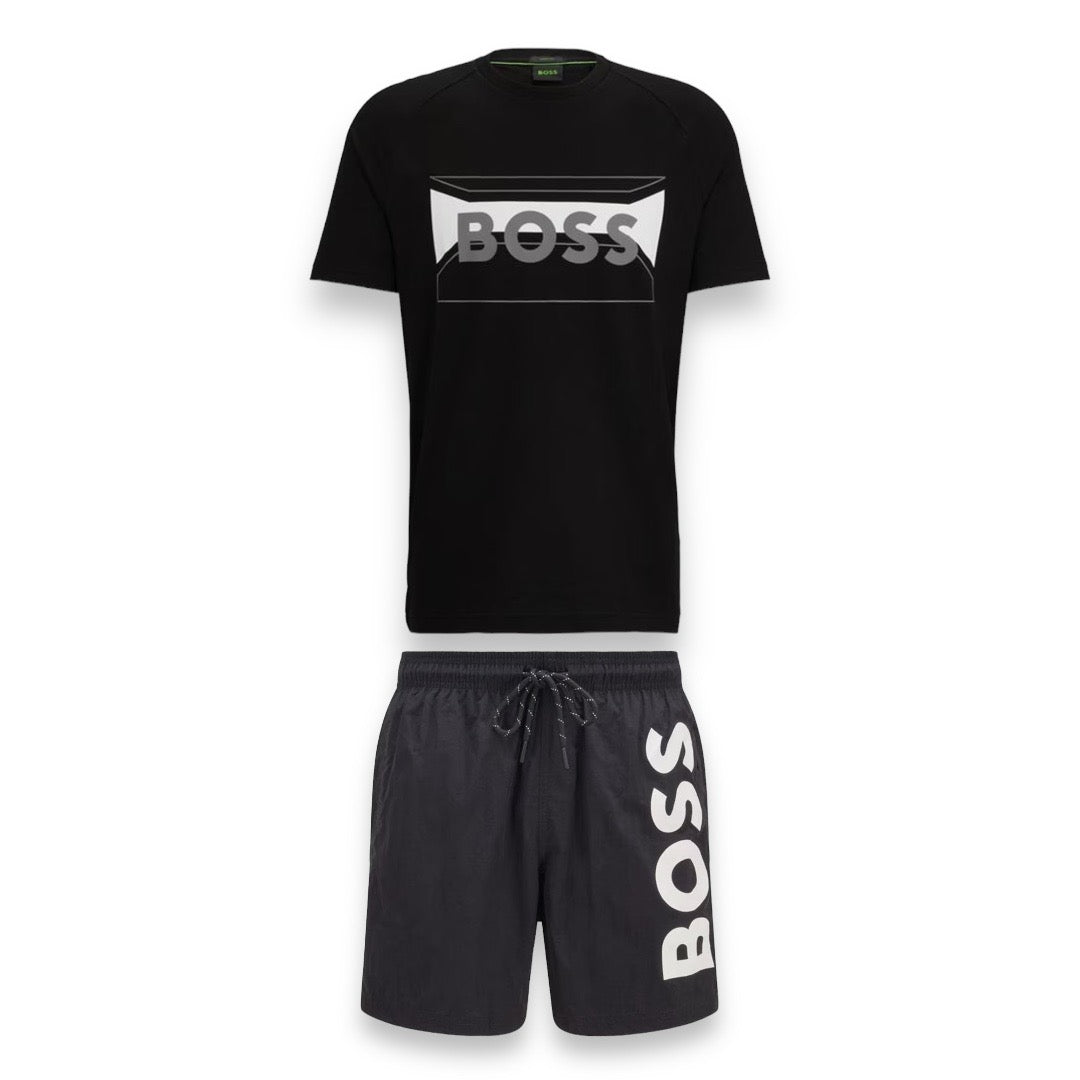 HUGO BOSS REC LOGO T-SHIRT & SWIM SHORTS SET BLACK / BLACK
