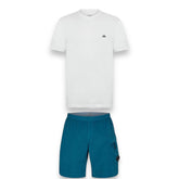 CP COMPANY SMALL PATCH LOGO T-SHIRT & CARGO LENS SWIM SHORTS SET WHITE & INK BLUE