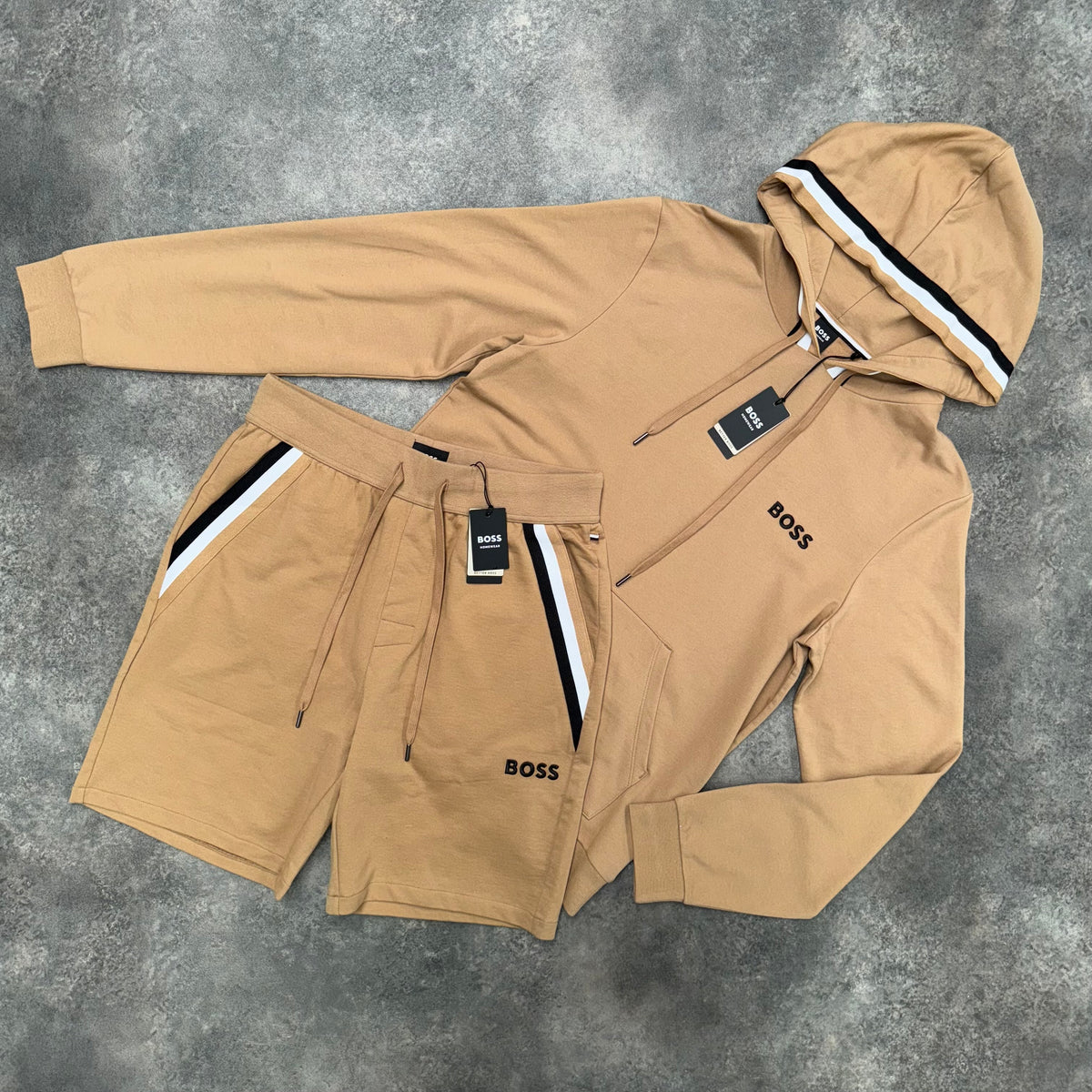 HUGO BOSS TRIM HOOD OTTH HOODIE & JERSEY SHORTS SET BEIGE