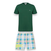 LACOSTE SMALL LOGO T-SHIRT & CHECKERED SWIM SHORTS SET GREEN & BLUE