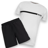 HUGO BOSS STRIPE TRIM T-SHIRT & SWIM SHORTS SET WHITE & BLACK