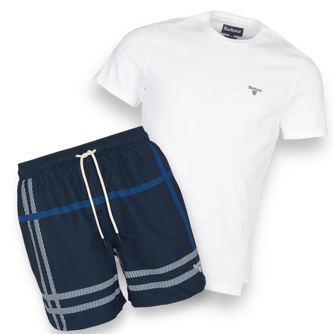 BARBOUR SMALL LOG T-SHIRT & SWIM SHORTS SET WHITE & BLUE CHECK