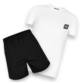 BELSTAFF PATCH LOGO T-SHIRT & NYLON METAL SHORTS SET WHITE & BLACK