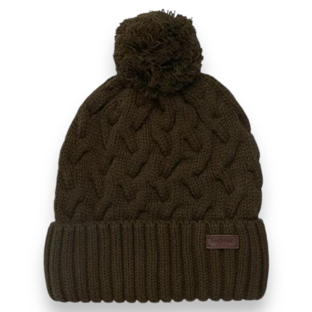 BARBOUR CABLE BOBBLE BEANIE HAT OLIVE GREEN