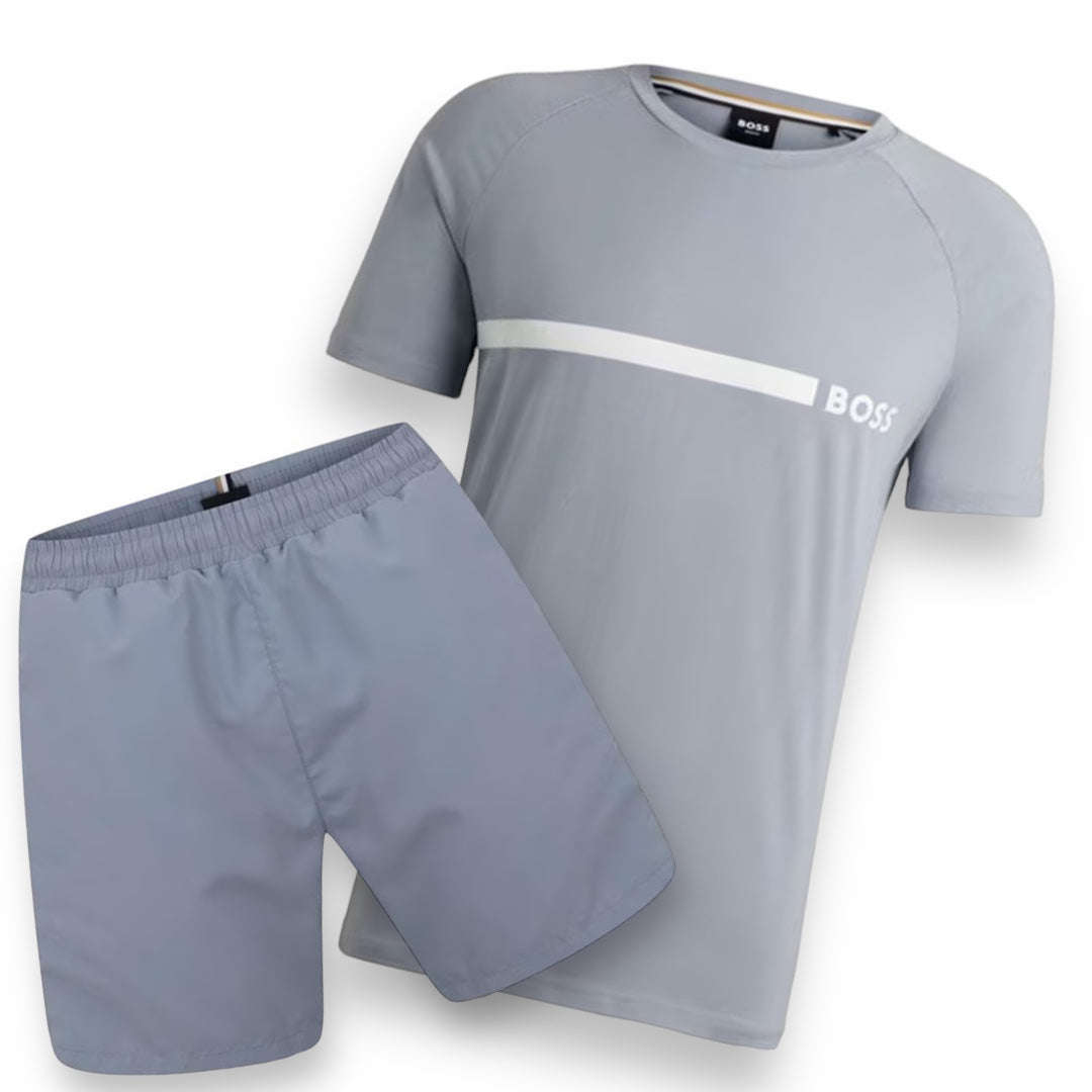 HUGO BOSS STRIPE TRIM T-SHIRT & SWIM SHORTS SET SILVER GREY