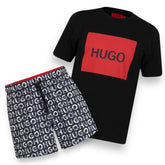 HUGO BOSS HUGO BIG LOGO T-SHIRT & SWIM SHORTS NEW ALL OVER LOGO SET BLACK & BLACK