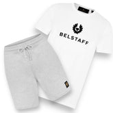 BELSTAFF BIG LOGO T-SHIRT & JERSEY SHORTS SET WHITE & GREY