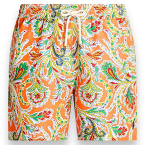 RALPH LAUREN LOGO T-SHIRT & PAISLEY SWIM SHORTS SET WHITE - ORANGE