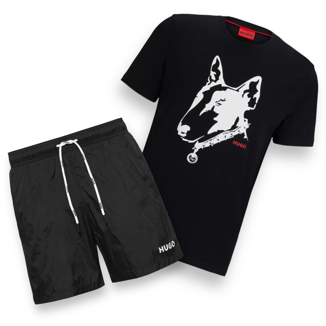 HUGO BOSS HUGO BULL TERRIER T-SHIRT & SWIM SHORTS SET BLACK & BLACK