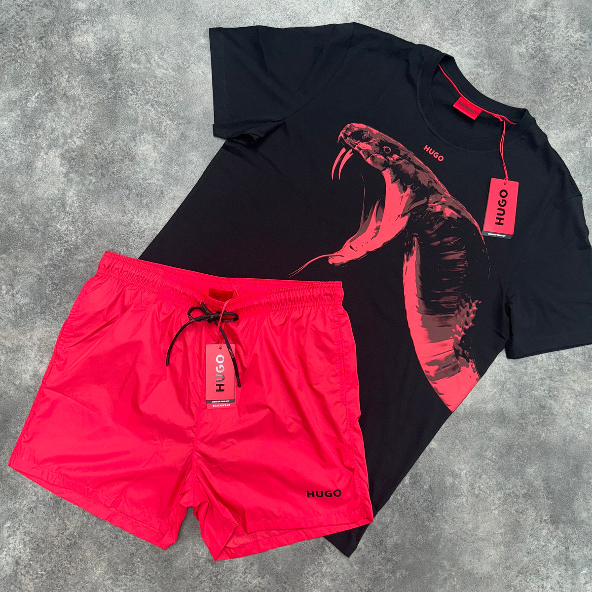 HUGO BOSS HUGO SNAKE T-SHIRT & SWIM SHORTS SET BLACK & RED