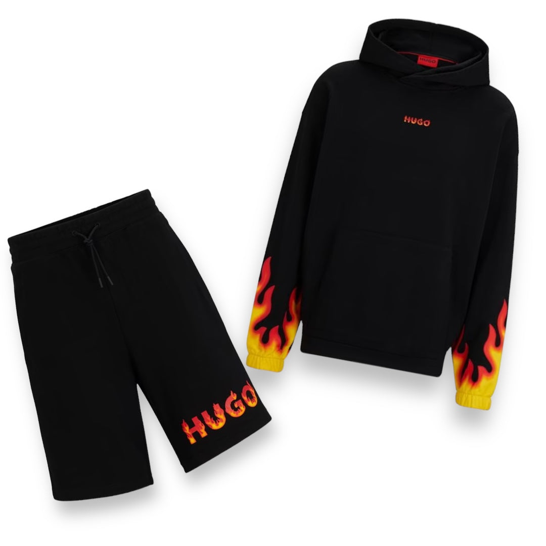 HUGO BOSS HUGO FLAME LOGO OTTH HOODIE & JERSEY SHORTS SET BLACK