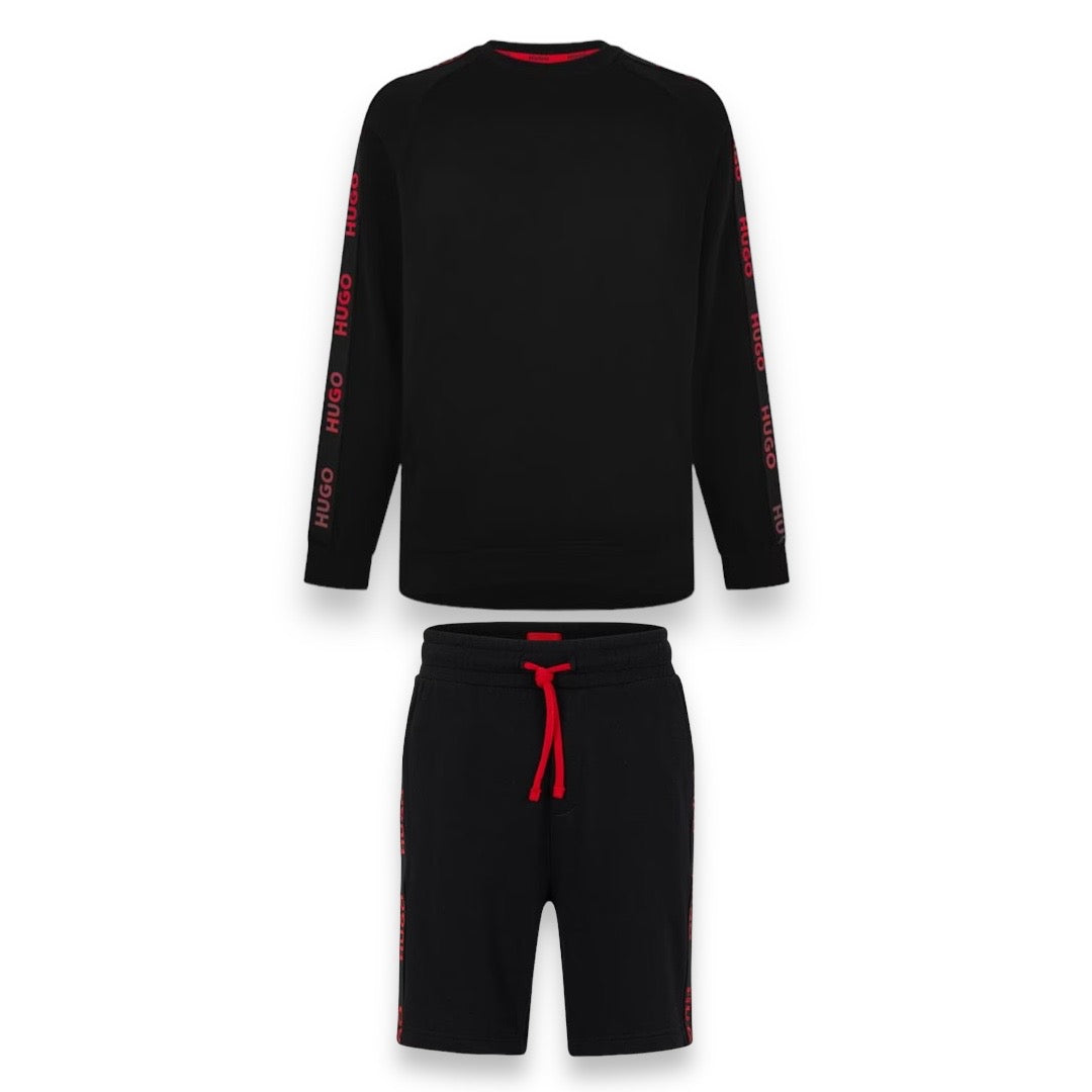 HUGO BOSS HUGO TAPE LOGO SWEATSHIRT & JERSEY SHORTS SET BLACK