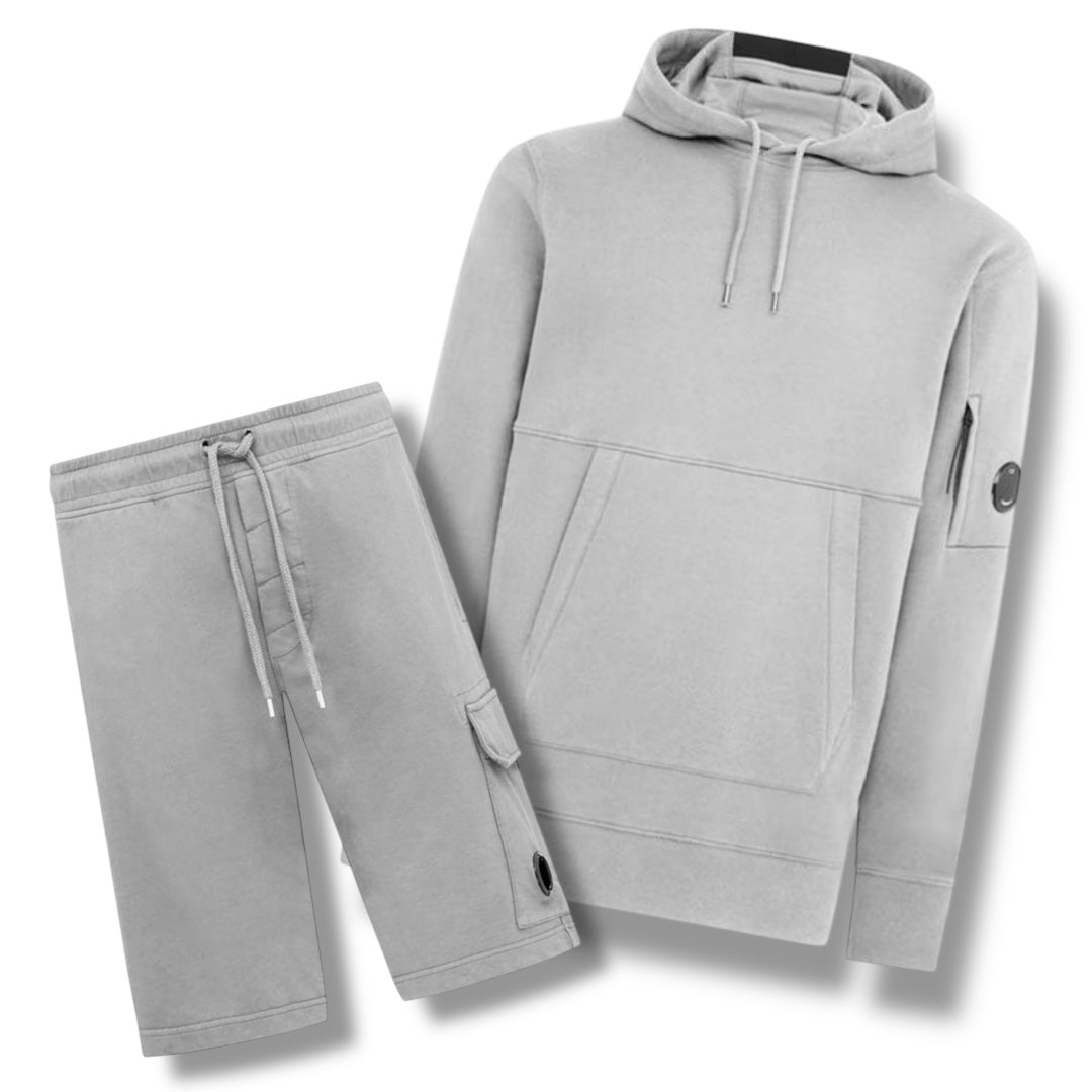 CP COMPANY LENS HOODIE & SHORTS COMBO LIGHT GREY