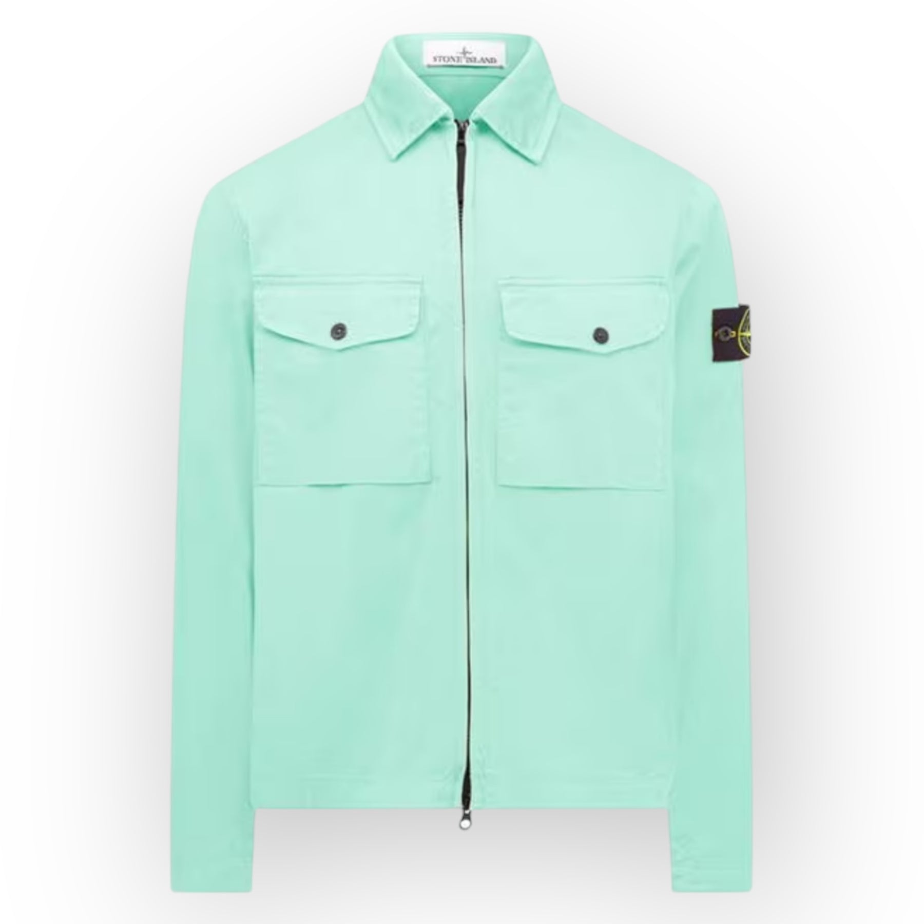 STONE ISLAND ZIP UP STRETCH COTTON SATIN OVERSHIRT LIGHT GREEN