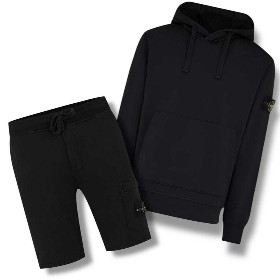 STONE ISLAND COMPASS BADGE HOODIE & SHORTS COMBO BLACK