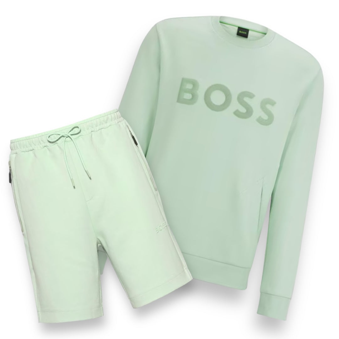 HUGO BOSS BIG LOGO SWEATSHIRT & TECH JERSEY SHORTS SET LIGHT GREEN