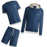 BOSS MIX TRIPLE SET ZIP UP HOODED TRACK TOP - SHORTS & T-SHIRT TRACKSUIT BLUE