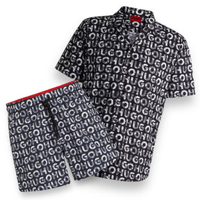 HUGO BOSS FLORAL HAWAIIAN SHIRT & SWIM SHORTS SET ALL OVER LOGO BLACK