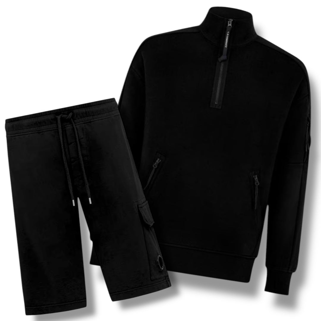 CP COMPANY LENS 1/4 ZIP SWEATSHIRT & SHORTS COMBO BLACK