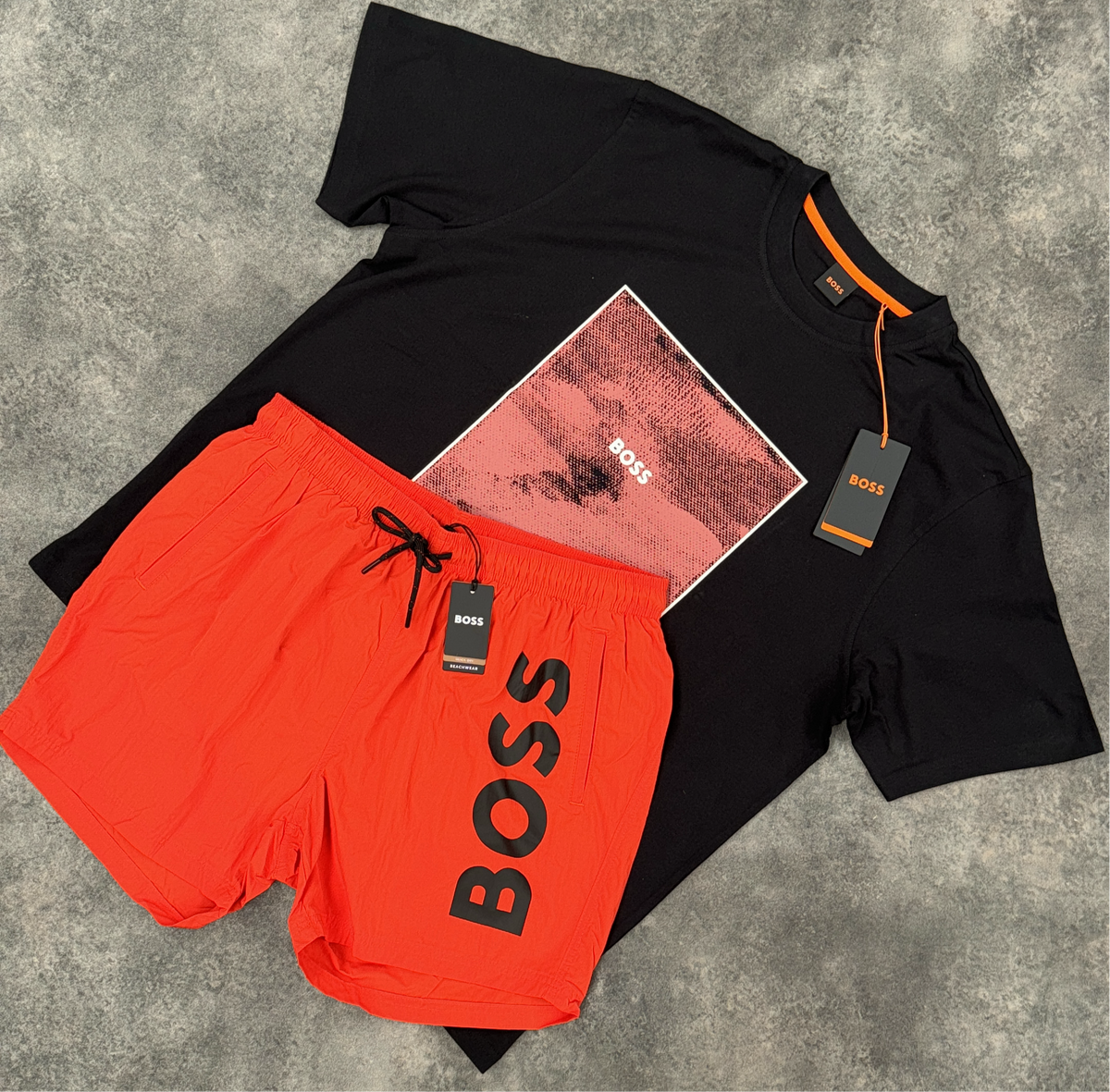 HUGO BOSS BIG BOX PRINT LOGO & VERTI SWIM SHORTS SET BLACK & ORANGE