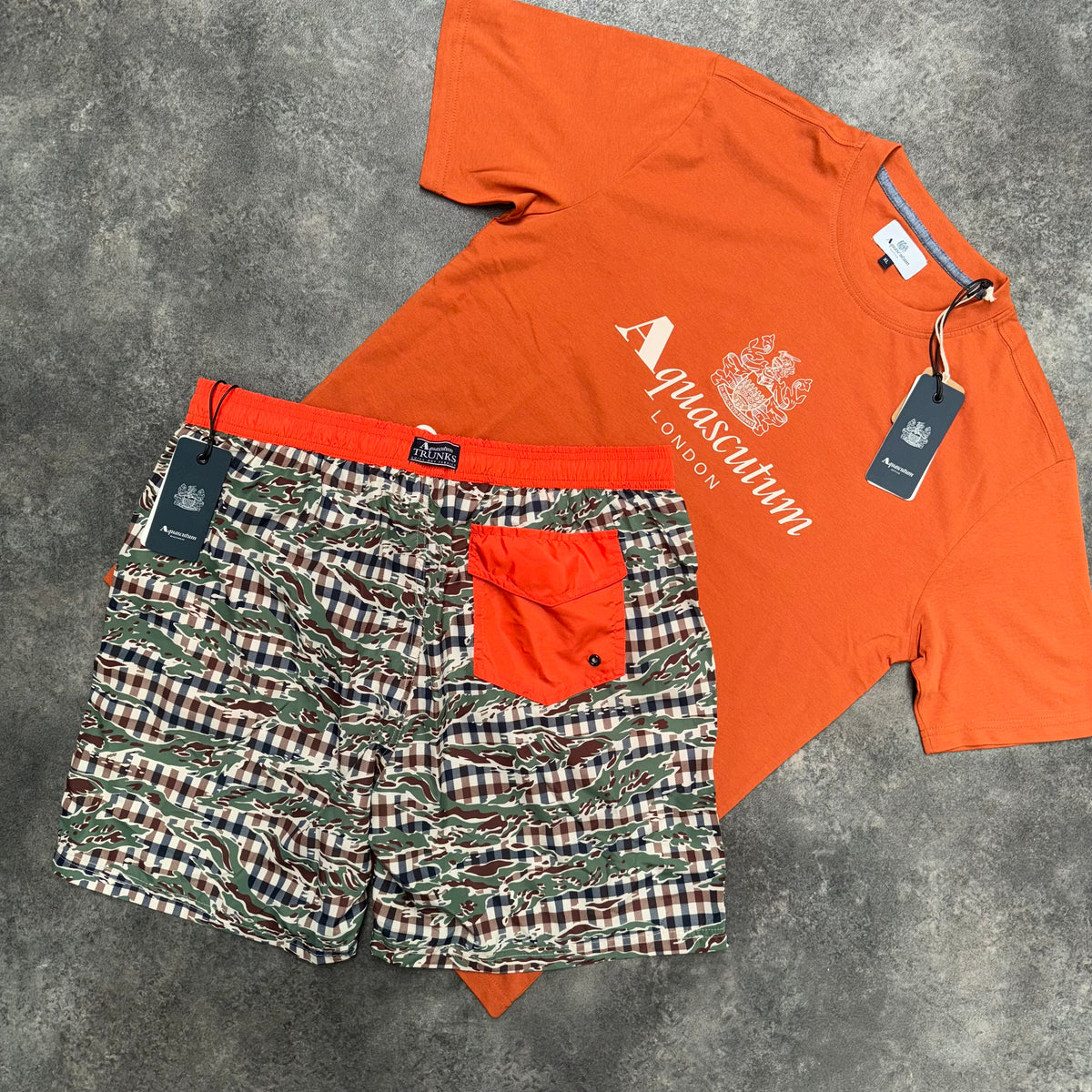 AQUASCUTUM BIG LOGO T-SHIRT & PATCH POCKET SWIM SHORTS SET ORANGE & CAMO