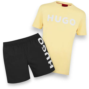 HUGO BOSS HUGO VERTICAL LOGO T-SHIRT & SWIM SHORTS SET LEMON & BLACK