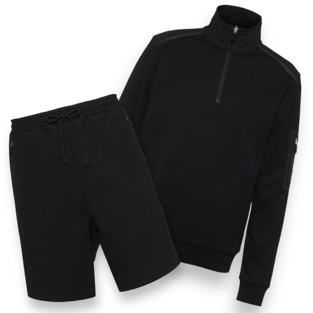 HUGO BOSS TECH 1/4 SWEATSHIRT & TECH JERSEY SHORTS SET BLACK