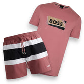 HUGO BOSS RECTANGLE LOGO T-SHIRT & THICK STRIPE SWIM SHORTS SET PINK