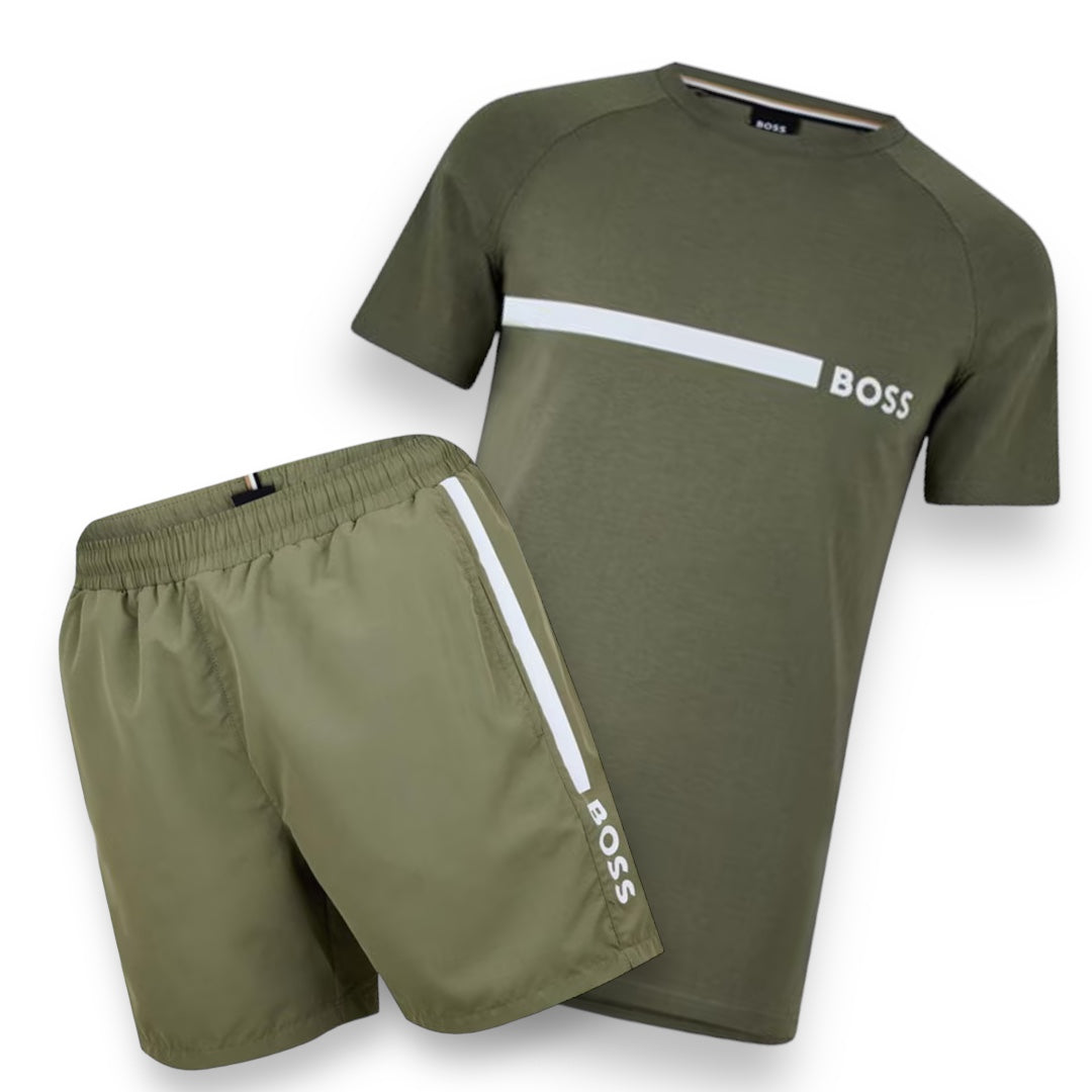 HUGO BOSS STRIPE TRIM T-SHIRT & SWIM SHORTS SET KHAKI