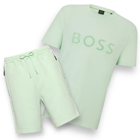 HUGO BOSS LOGO T-SHIRT & TECH JERSEY SHORTS SET LIGHT GREEN