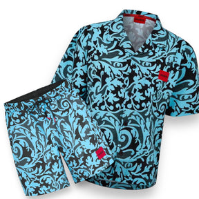 HUGO BOSS FLORAL HAWAII BAROQUE SHIRT & SWIM SHORTS SET BLUE & BLACK