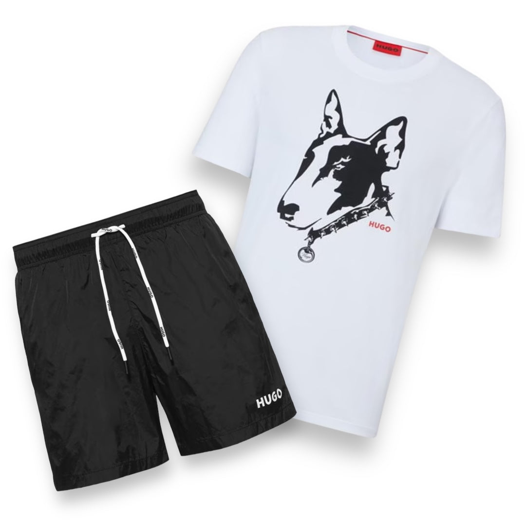 HUGO BOSS HUGO BULL TERRIER T-SHIRT & SWIM SHORTS SET WHITE & BLACK