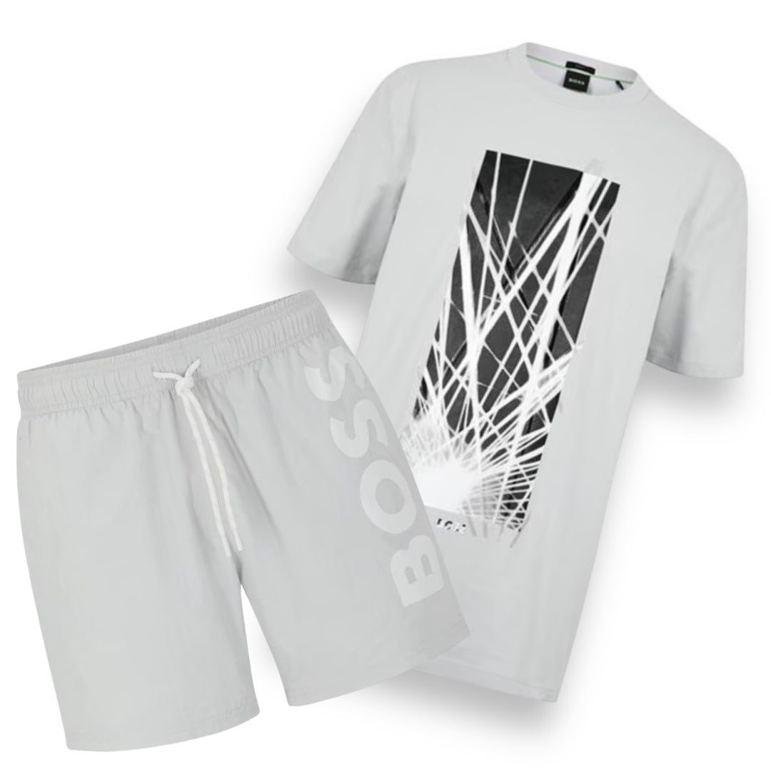 HUGO BOSS STROBE LOGO & VERTI SWIM SHORTS SET SILVER GREY