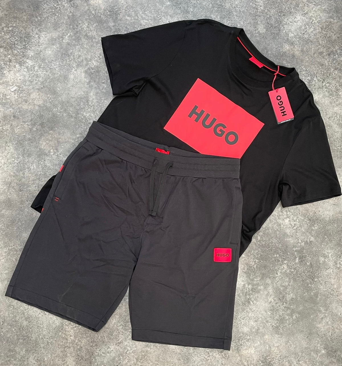 HUGO BOSS HUGO T-SHIRT & SWIM SHORTS SET BLACK & BLACK  * SALE *