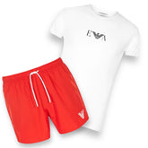 ARMANI T-SHIRT & SWIM SHORTS SET WHITE & RED