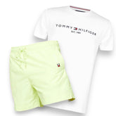 TOMMY HILFIGER FLAG LOGO T-SHIRT & SWIM SHORTS SET WHITE - LUME YELLOW