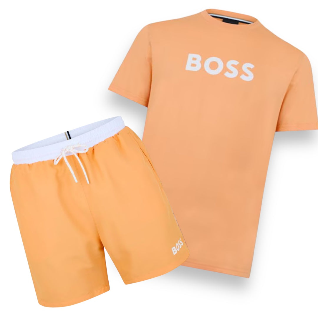 HUGO BOSS BIG LOGO T-SHIRT & SHORTS SET ORANGE