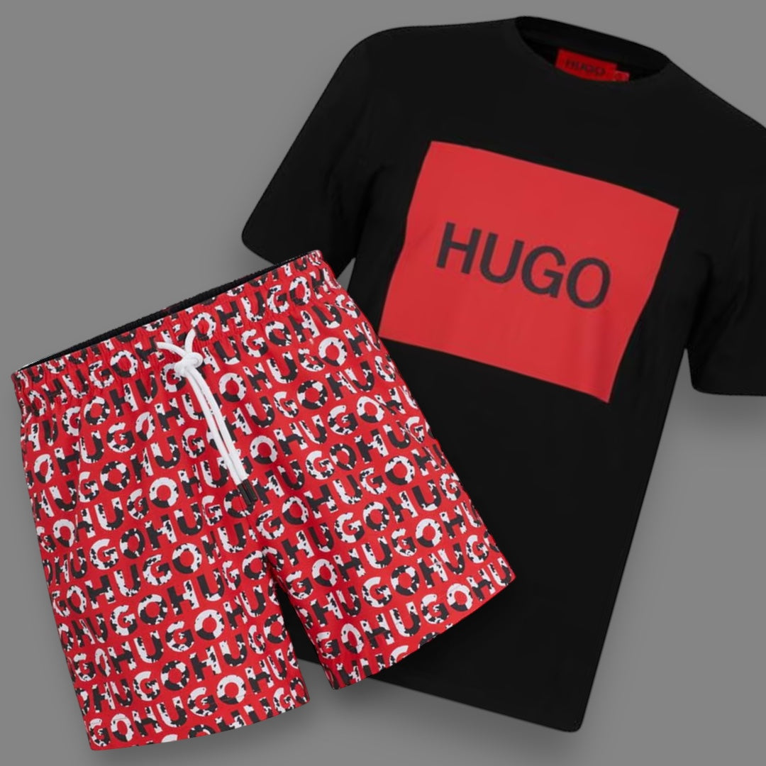 HUGO BOSS HUGO BIG LOGO T-SHIRT & SWIM SHORTS NEW ALL OVER LOGO SET BLACK & RED