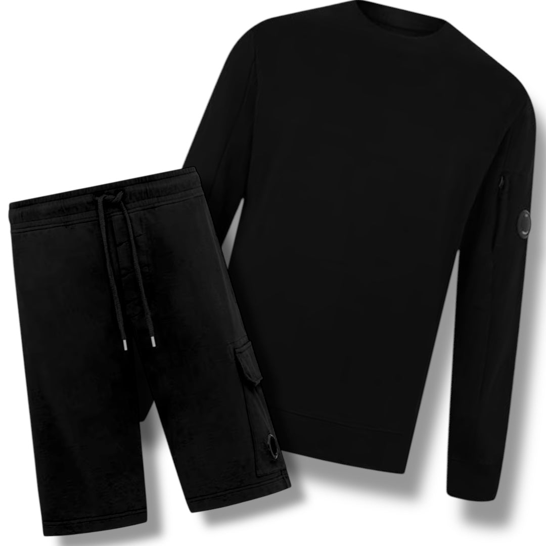 CP COMPANY LENS CREW NECK SWEATSHIRT & SHORTS COMBO BLACK